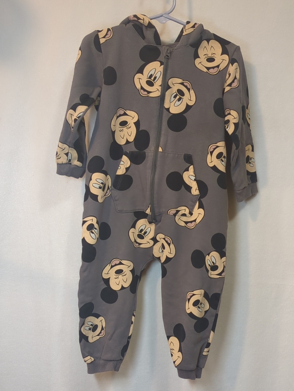 H&M Gray Mickey Mouse Hooded One-Piece Romper with Yellow Faces